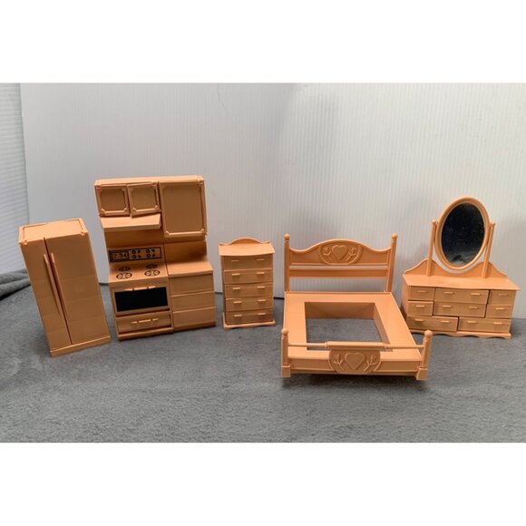 Vintage Mini Dollhouse Furniture Set Bedroom & Kitchen Brown - Picture 7 of 14